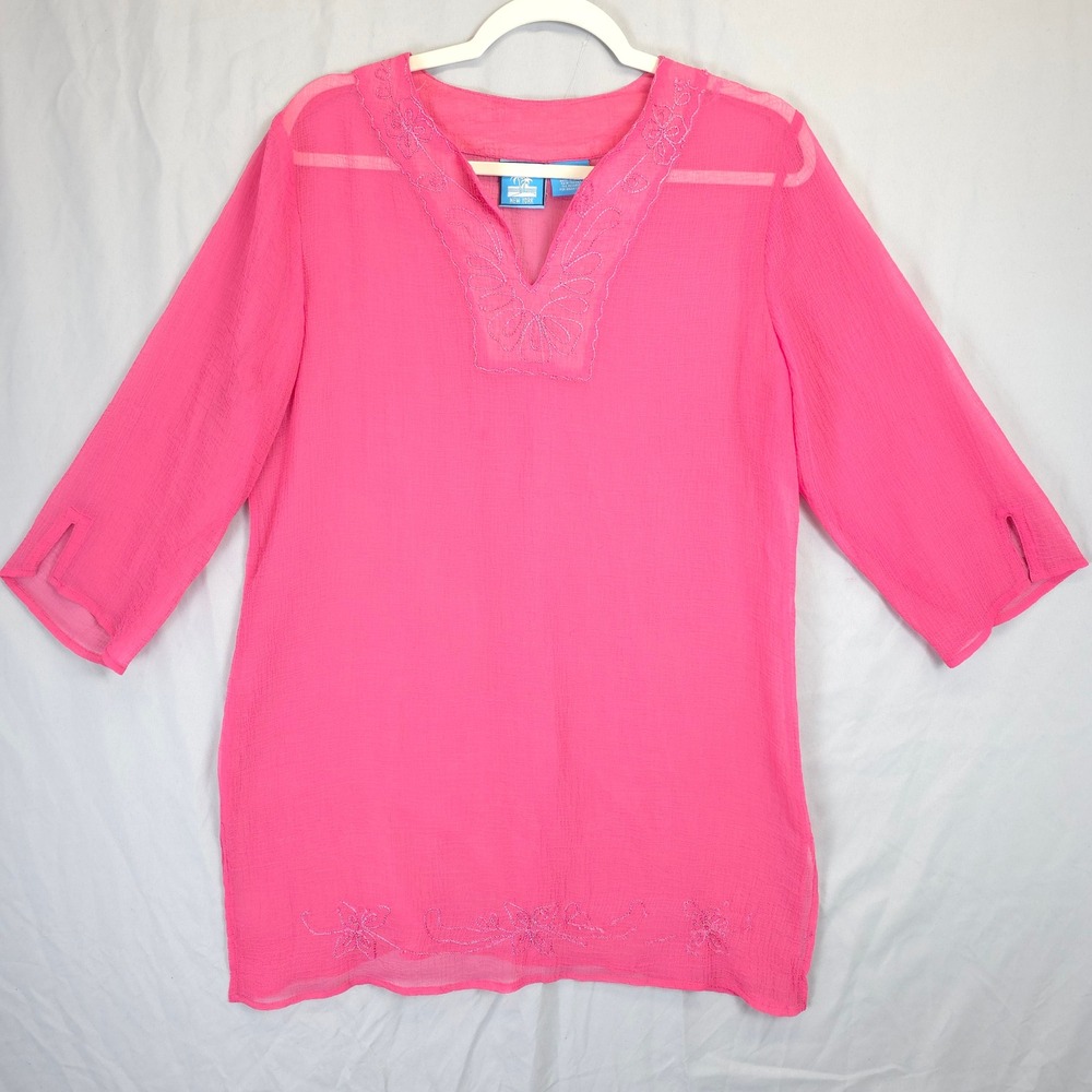 Blue Island New York Pink Sheer Embroidered‎ Tunic Top Cover Up Women M Beachy
